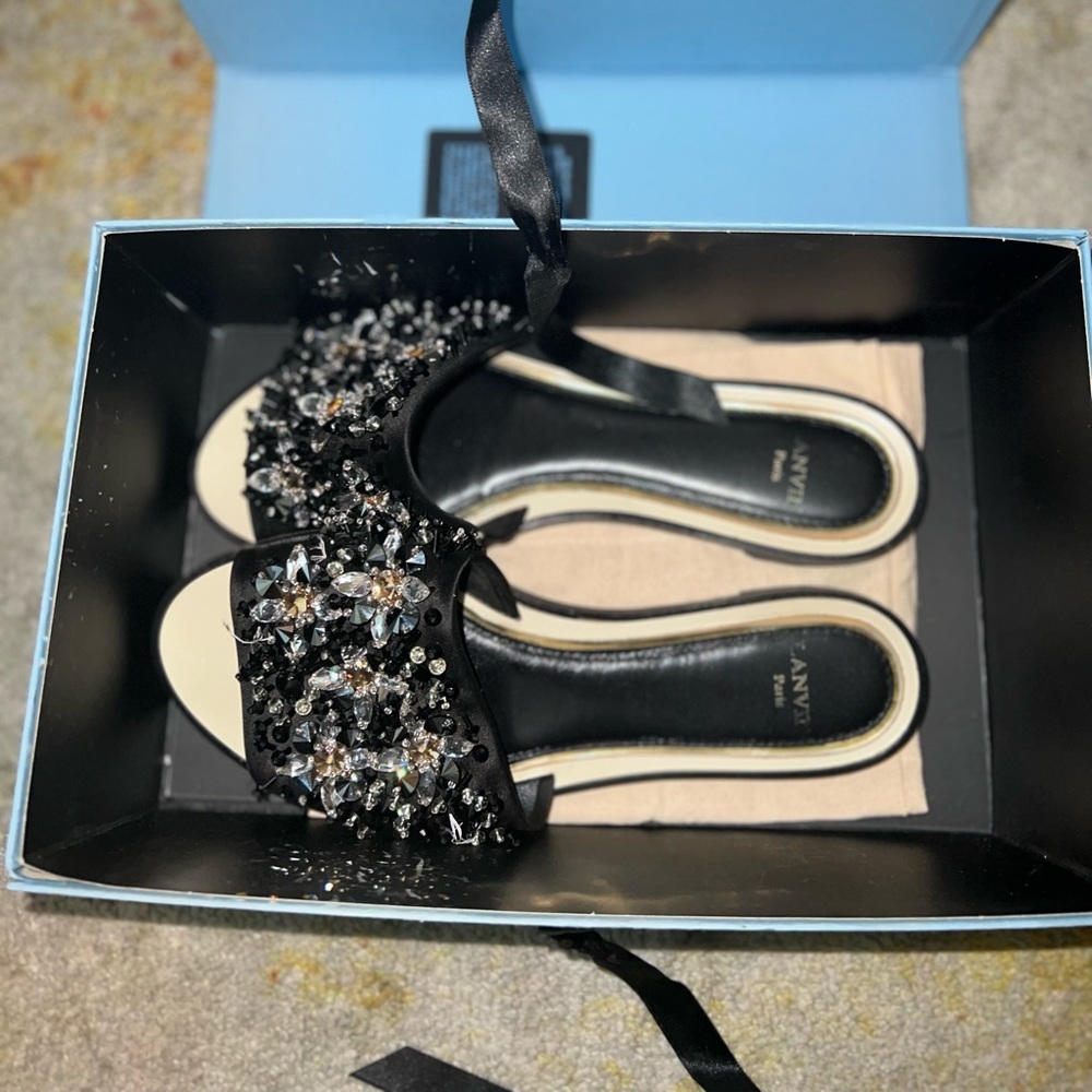 Lanvin Black satin embellished slides. Size 37.